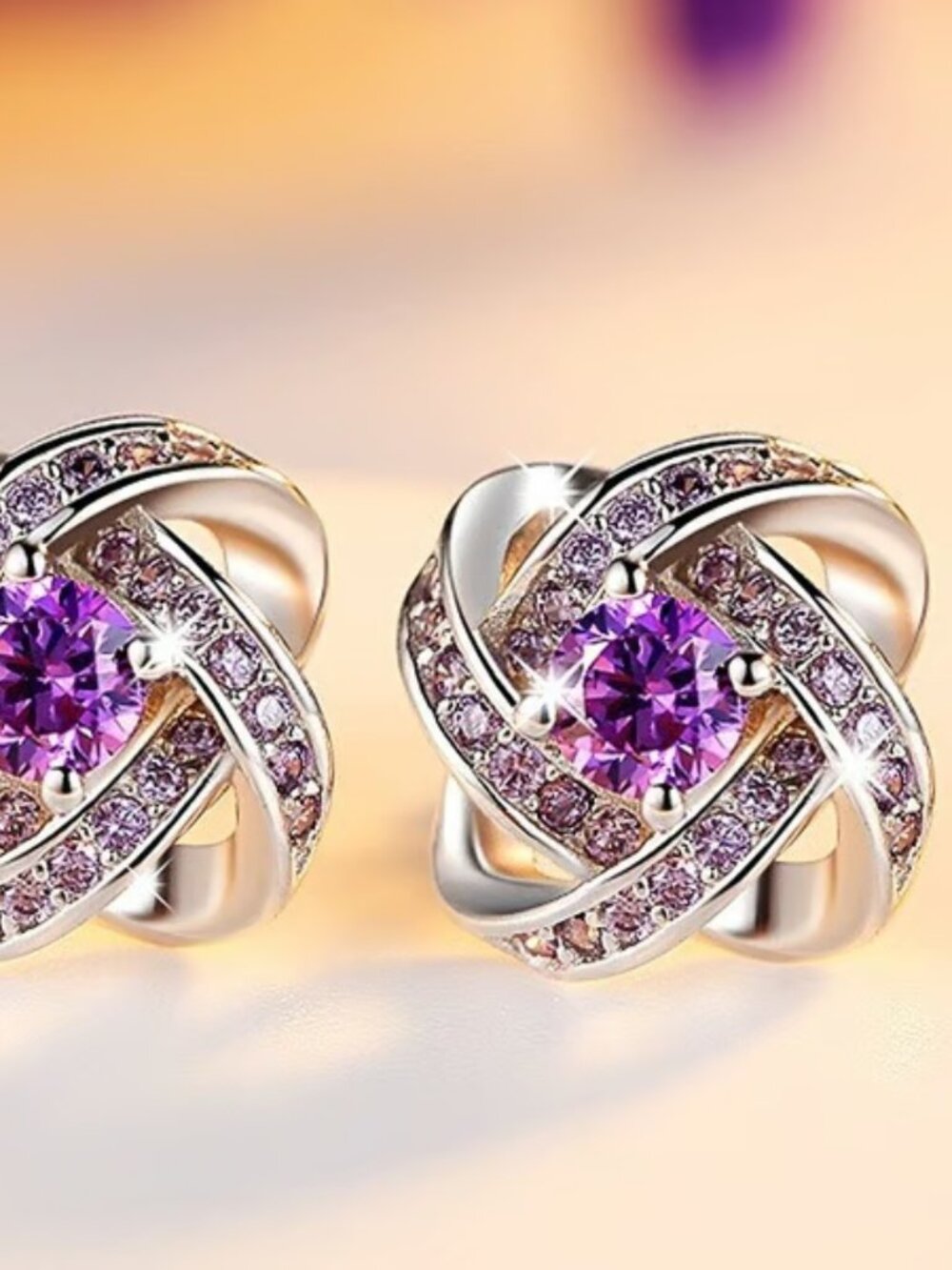 Classic Silver & Mauve Rhinestone Knot Earrings